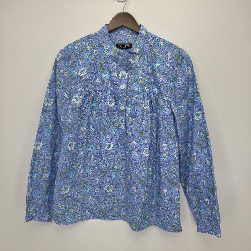 New J Crew Womens Fresco Top Blue Floral Cotton Poplin Popover Size XS